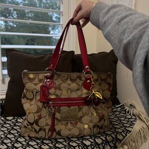 Coach Signature poppy hearts Tote Bag - Brown and Red